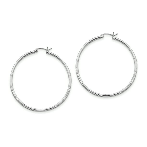 Sterling Silver Rhodium-plated 2mm Satin & Diamond Cut Hoop Earrings 